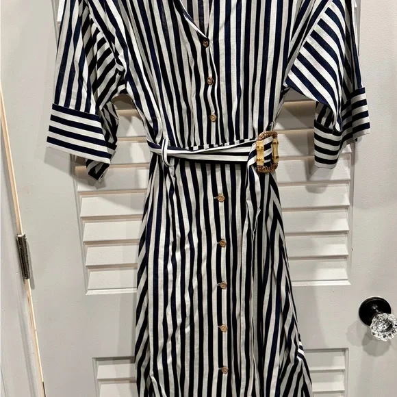 Zara Navy and White Striped Long Sleeve Dress - Picture 2 of 6